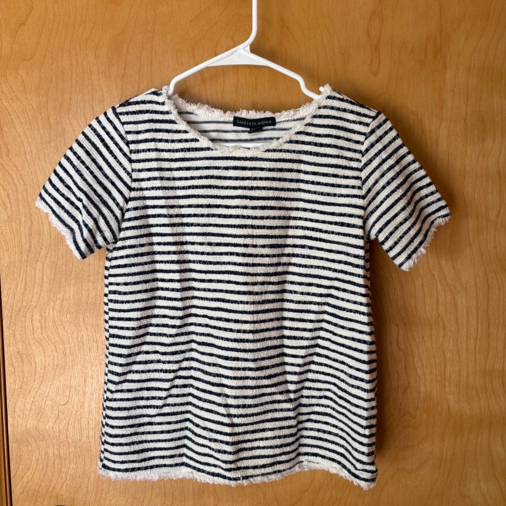 Saks Fifth Avenue Striped Tweed Top Womens XS Navy White Fringe Trim Short